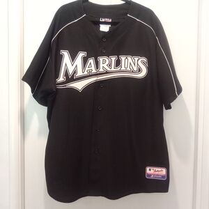 Marlins Silver Bling Logo Button Up Short Sleeve Shirt